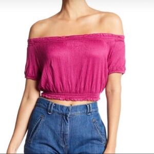 Hiatus Pink Off Shoulder Crop Top Smocked Stretchy Peasant Boho NWT Large